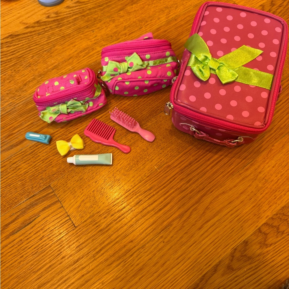 Pink Polka Dot Kids Accessory Travel Case Set with Green Bow